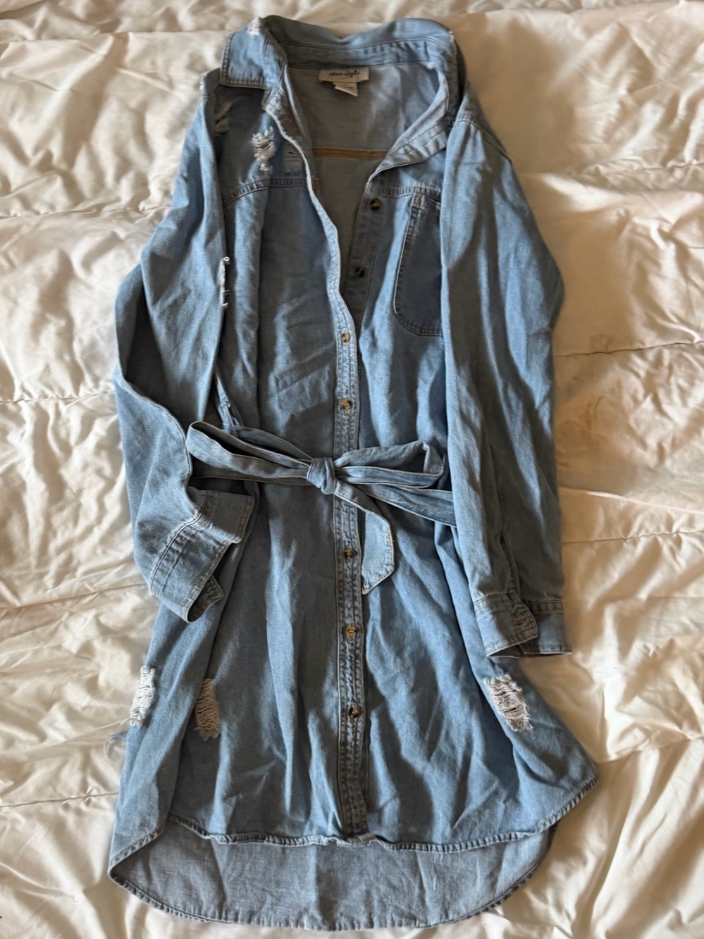 Light Blue Denim Shirt Jacket with Waist Tie
